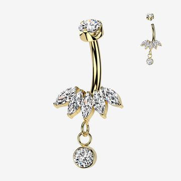 Implant Grade Titanium Golden Marquise Floral Sparkle Dangle Internally Threaded Belly Button Ring-Clear Gem